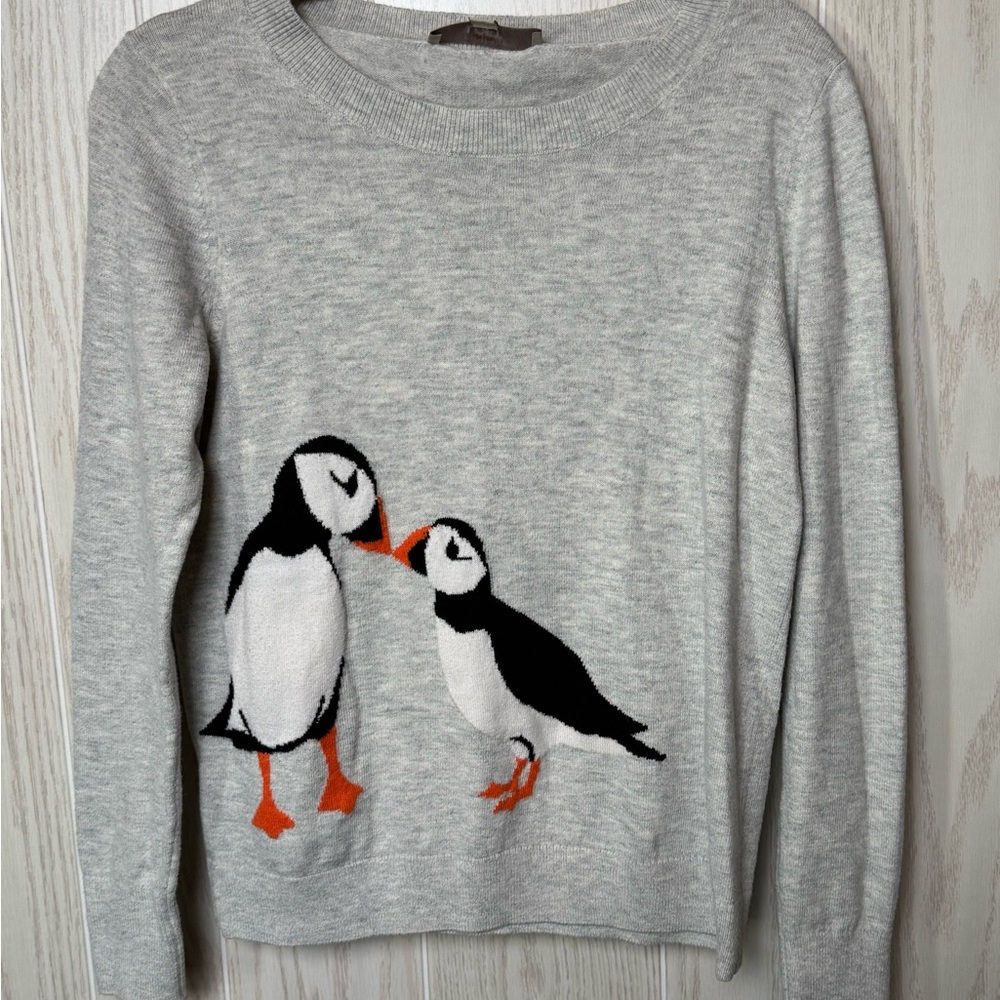 LOFT Gray Crewneck Sweater with Puffin Graphic